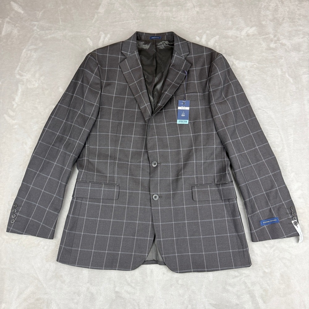 Stafford Blazer Mens 44R Brown Windowpane Classic Fit Wool Blend Performance NEW